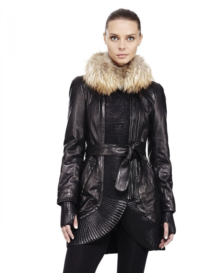 Anahita Leather Coat With Fur Trim - Dejavu NYC