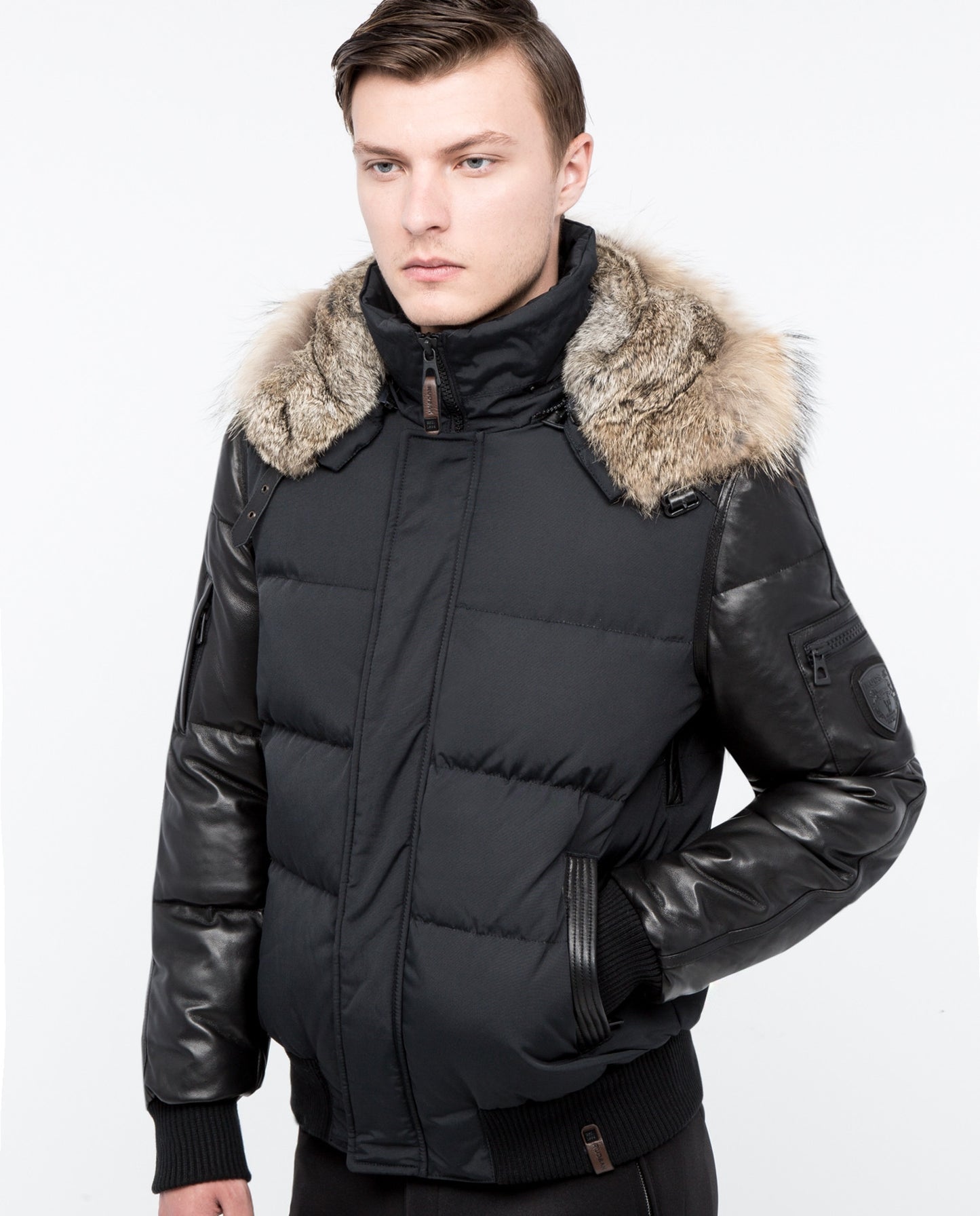 Bale Leather Sleeved Bomber Jacket With Fur Hood - Dejavu NYC