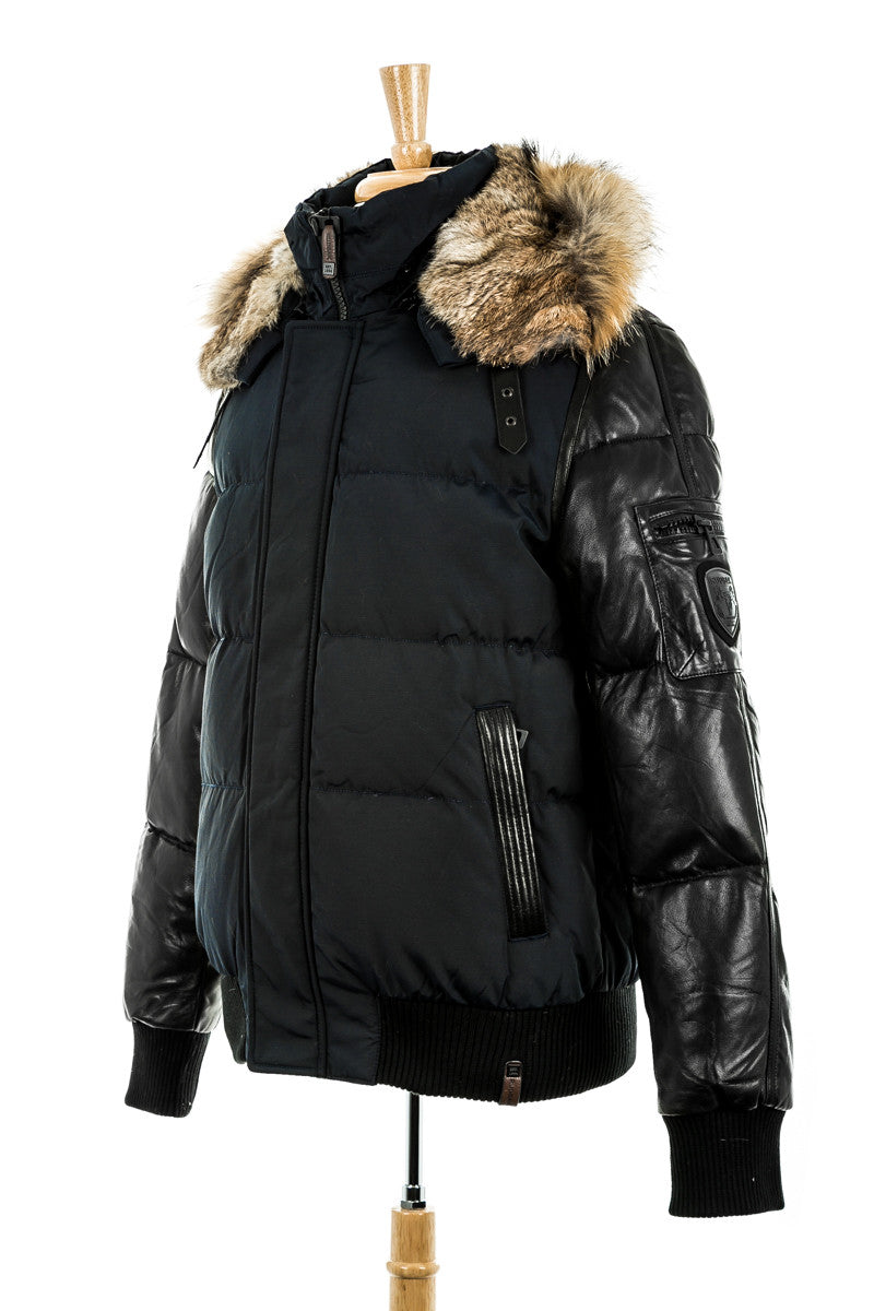 Bale Leather Sleeved Bomber Jacket With Fur Hood - Dejavu NYC