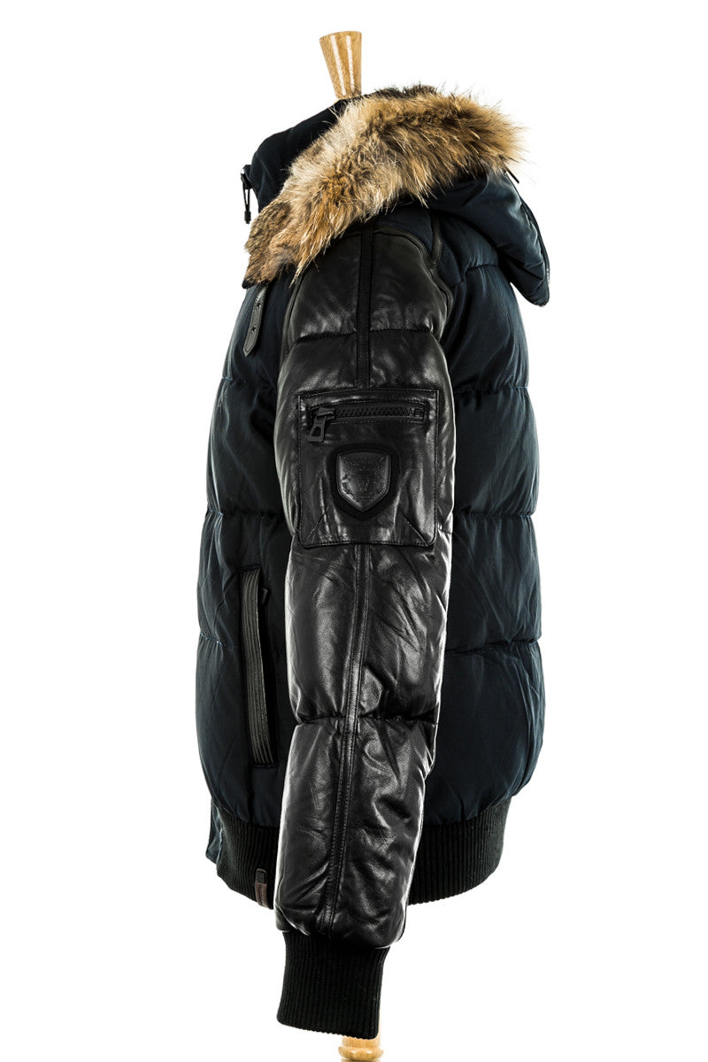 Bale Leather Sleeved Bomber Jacket With Fur Hood - Dejavu NYC