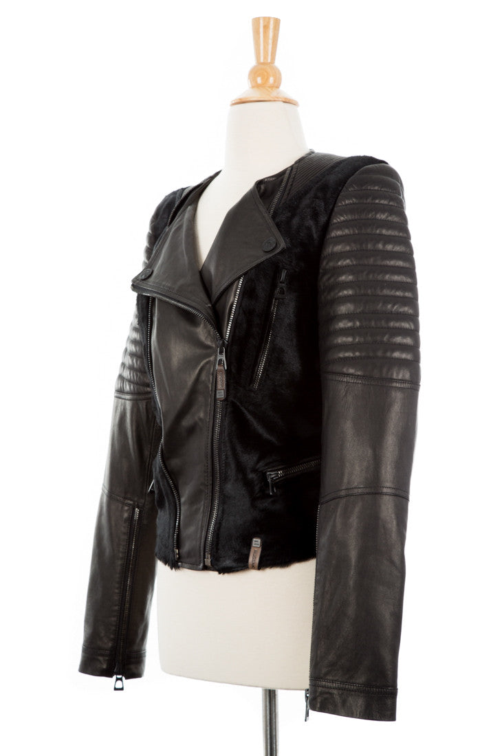 Riva Leather Biker Jacket With Pony Hair - Dejavu NYC