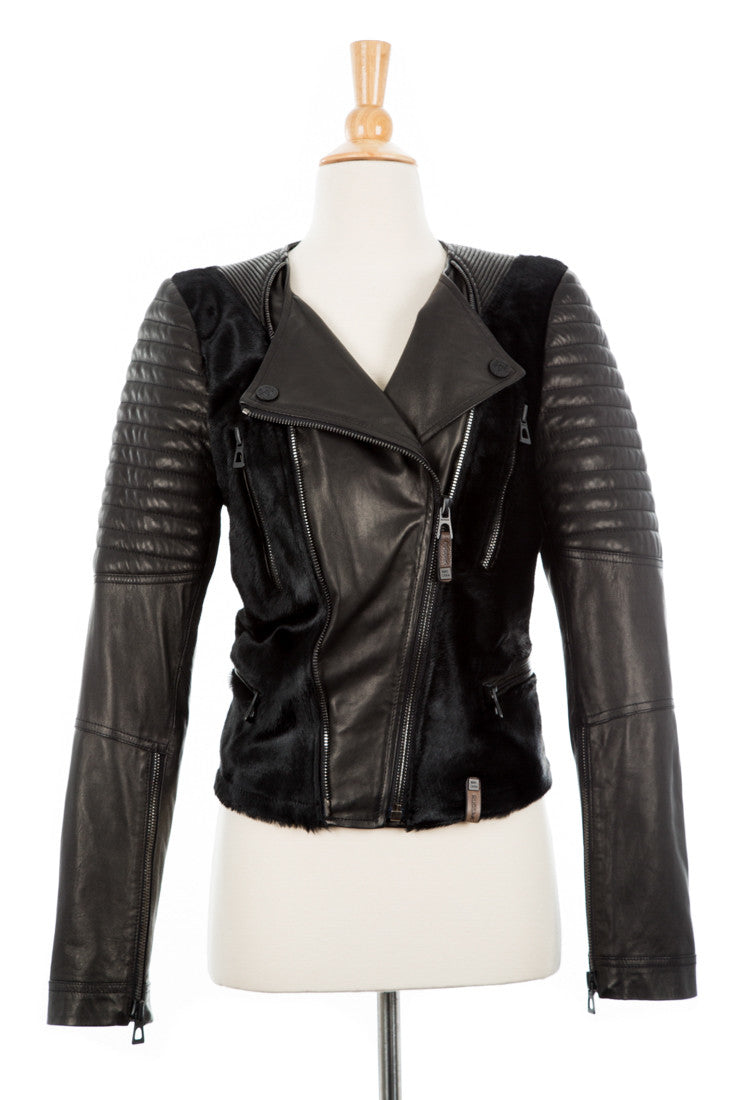 Riva Leather Biker Jacket With Pony Hair - Dejavu NYC
