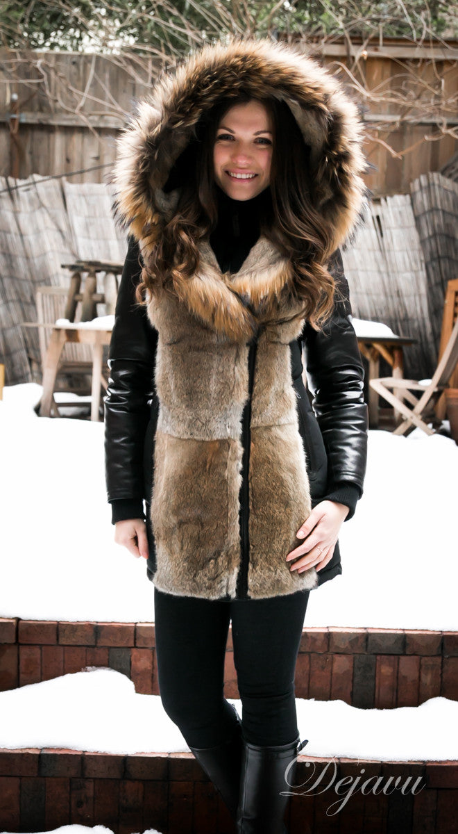 Arly Leather Sleeved Parka With Fur Trim - Dejavu NYC