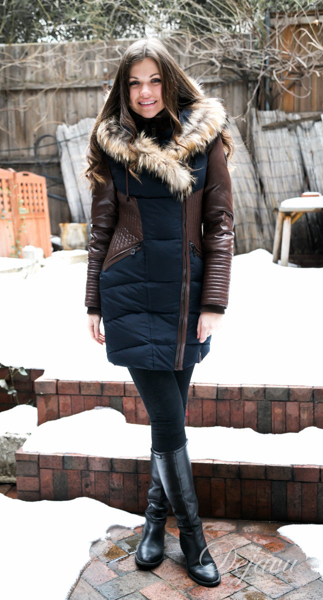 Shauna Leather Down Coat With Fur Trim - Dejavu NYC