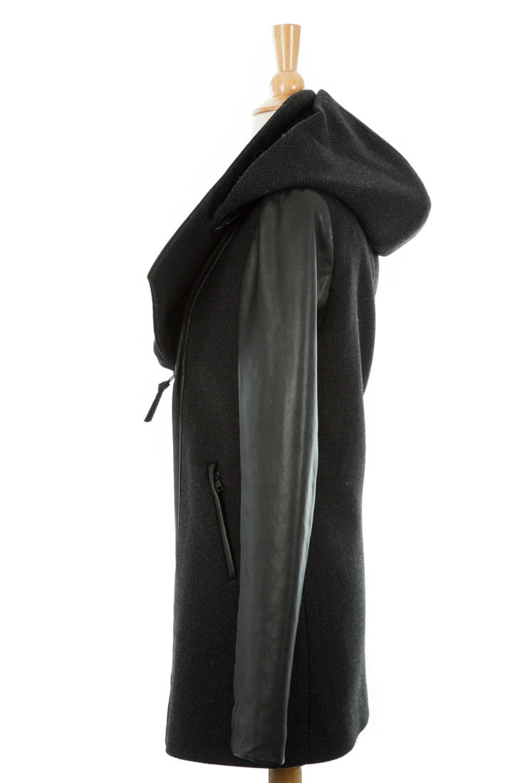 Vena Leather Sleeved Coat With Detachable Hood - Dejavu NYC