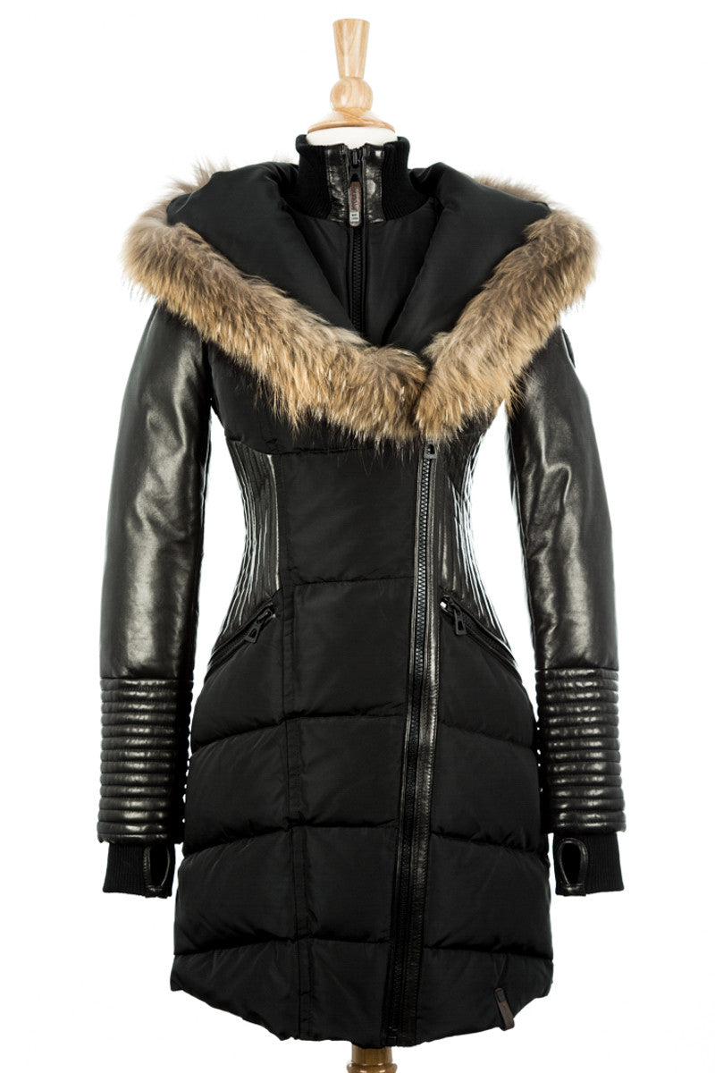 Shauna Leather Down Coat With Fur Trim - Dejavu NYC