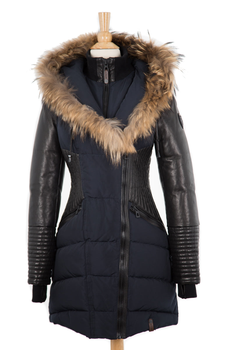 Shauna Leather Down Coat With Fur Trim - Dejavu NYC