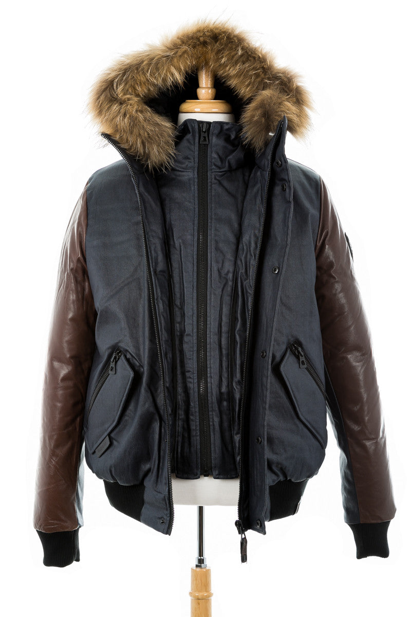 Stephan Leather Sleeved Bomber Jacket With Fur Trim - Dejavu NYC