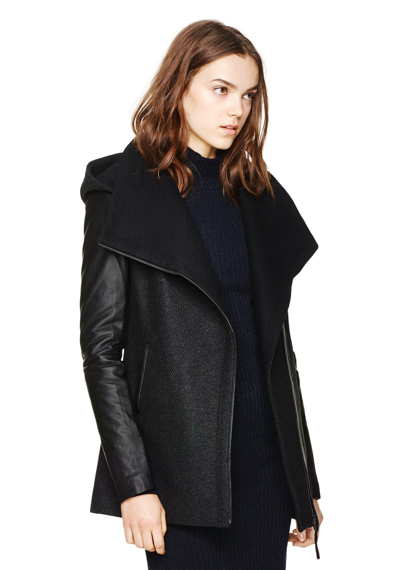 Vena Leather Sleeved Coat With Detachable Hood - Dejavu NYC