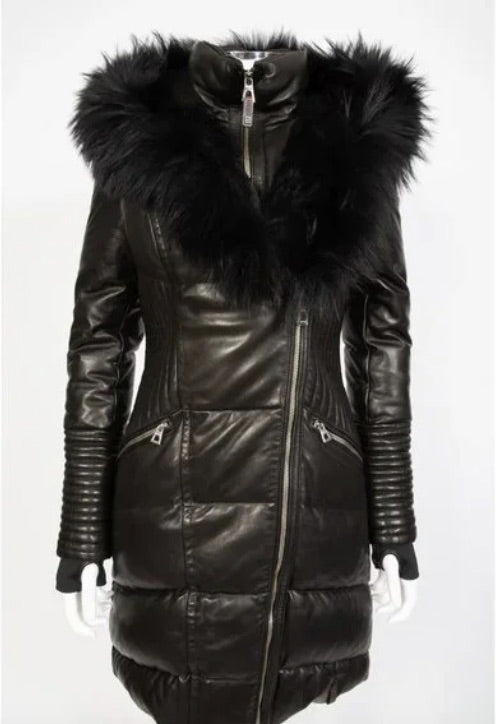 Sia Leather Down Coat With Fur Trim