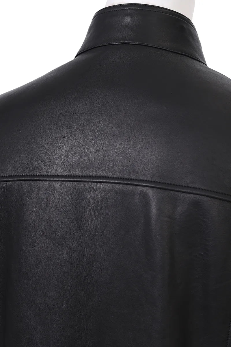 The Bowery leather jacket back collar detail