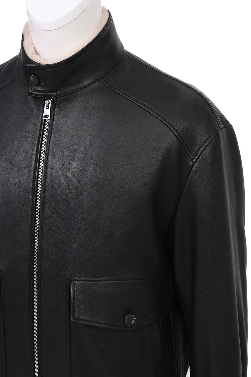 The Bowery leather jacket collar and shoulder detail