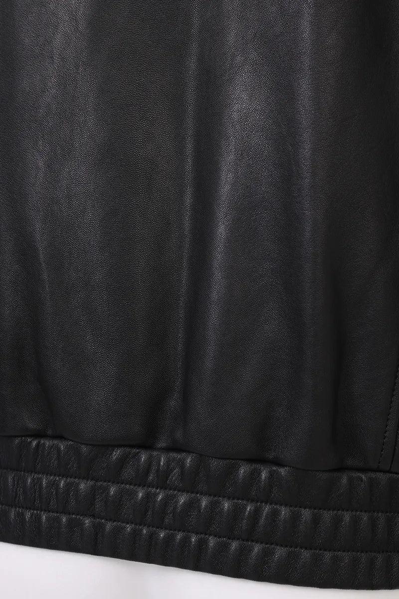 The Bowery leather jacket elasticized hem detail