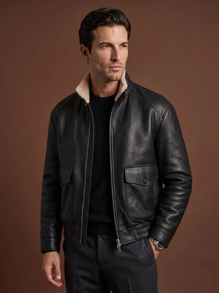 The Bowery custom leather jacket model view