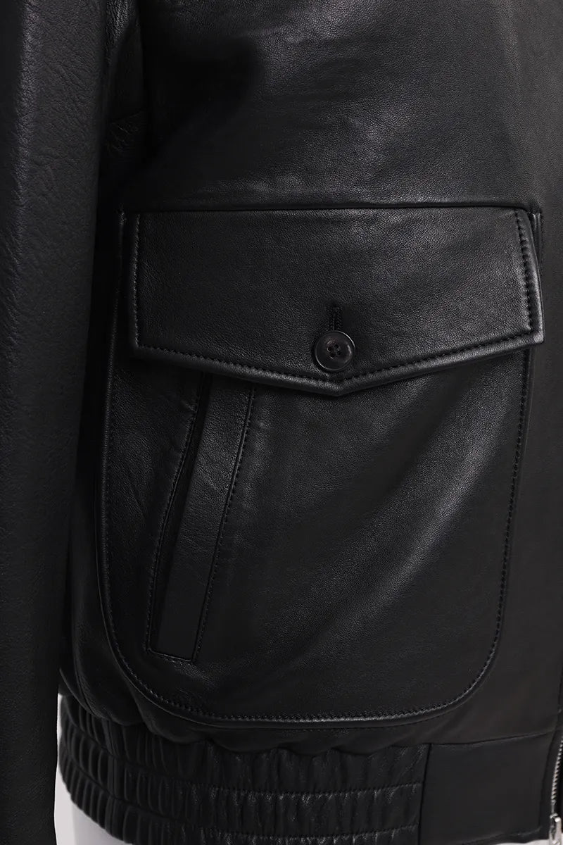 The Bowery leather jacket utility pocket detail