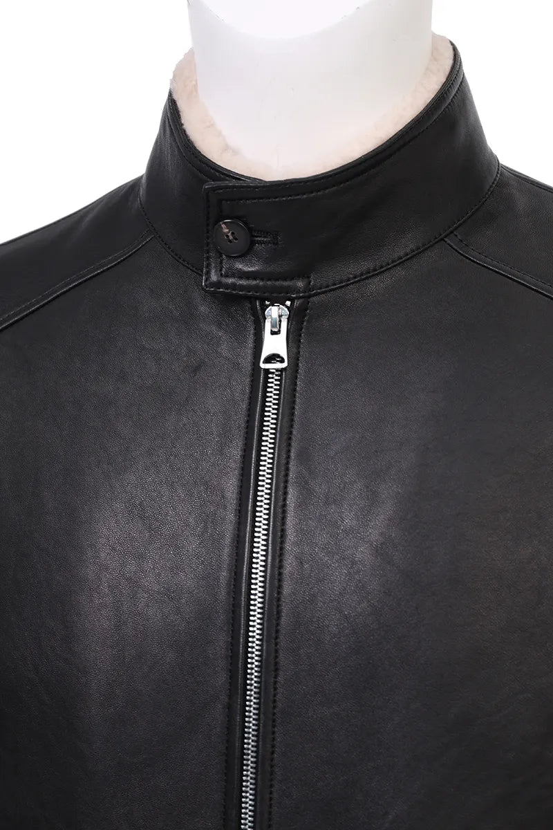 The Bowery leather jacket zipper and collar detail