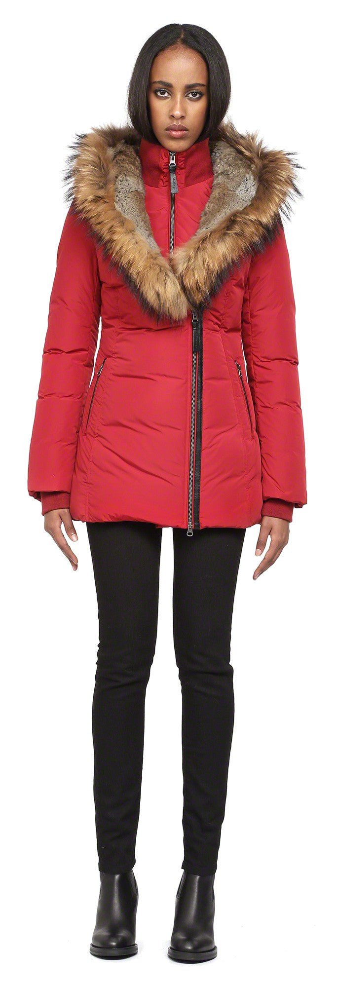 Red down coat with fur hood on sale