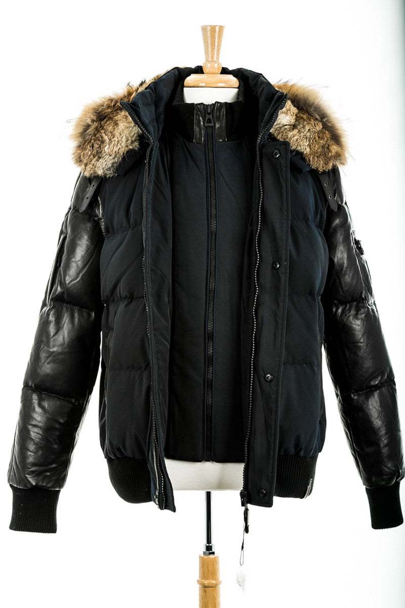 Bale Leather Sleeved Bomber Jacket With Fur Hood - Dejavu NYC