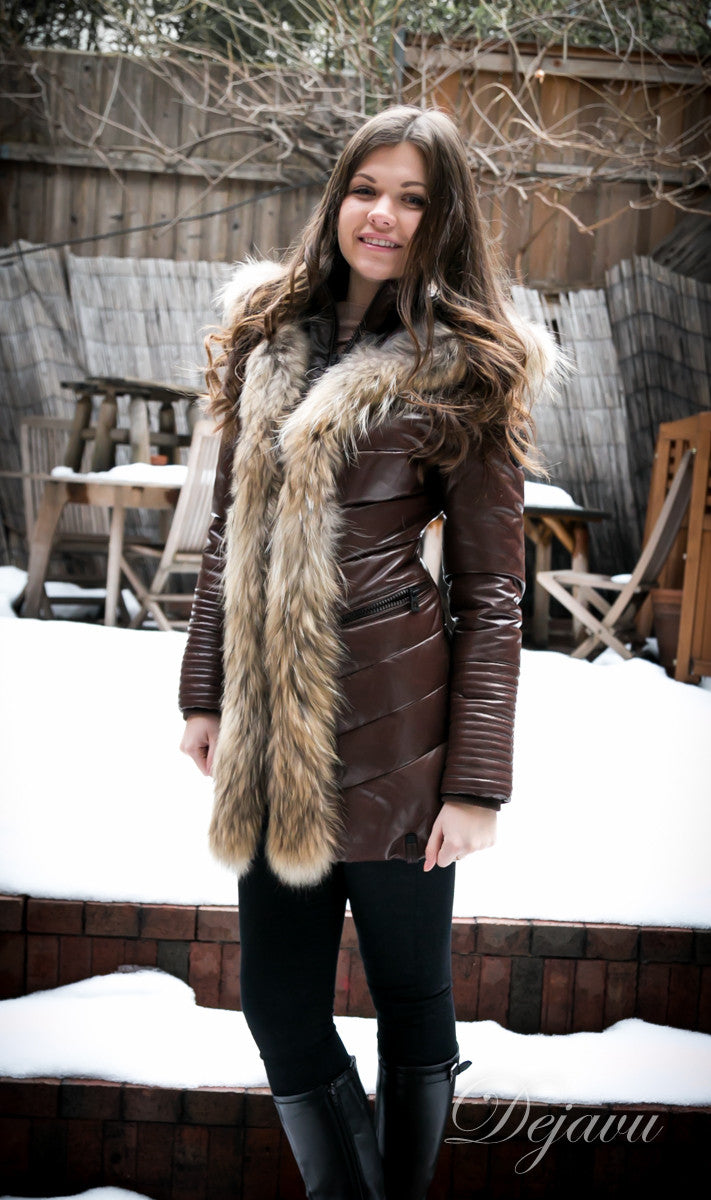 Faux fur-trimmed leather coat