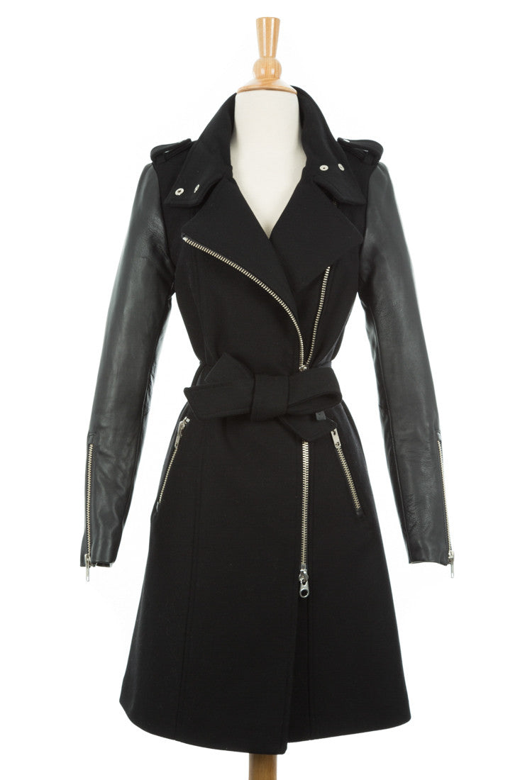 Dale Asymmetrical Wool Trench Coat With Leather Sleeves - Dejavu NYC