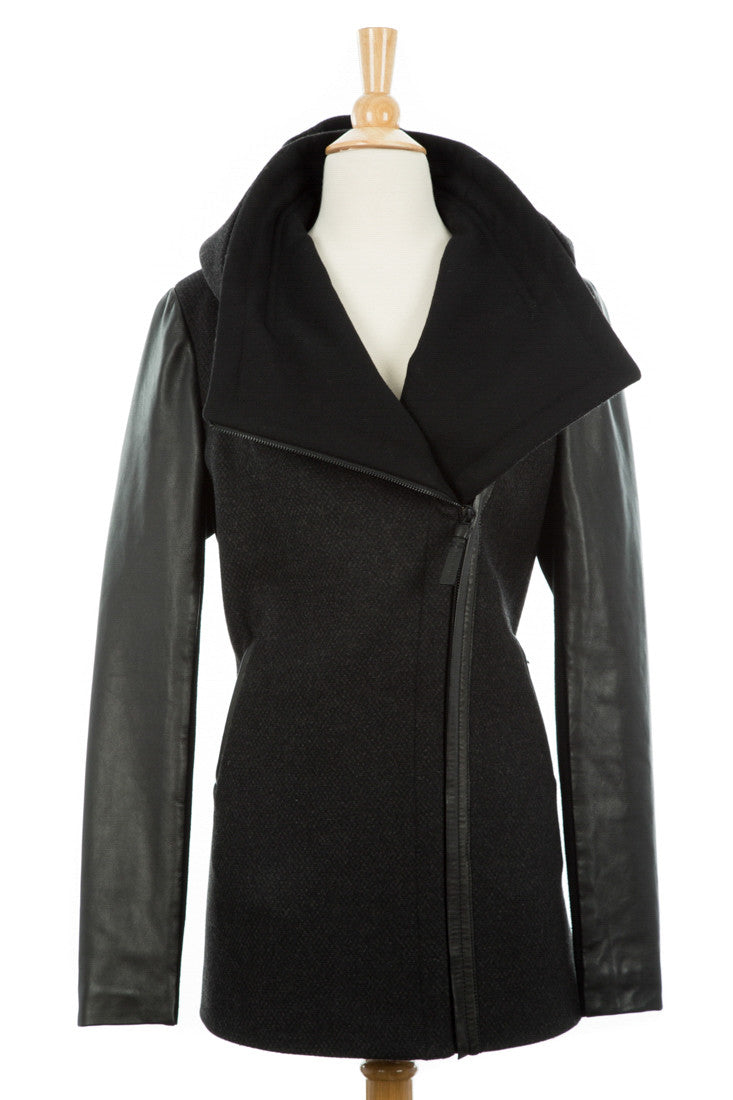 Vena Leather Sleeved Coat With Detachable Hood - Dejavu NYC