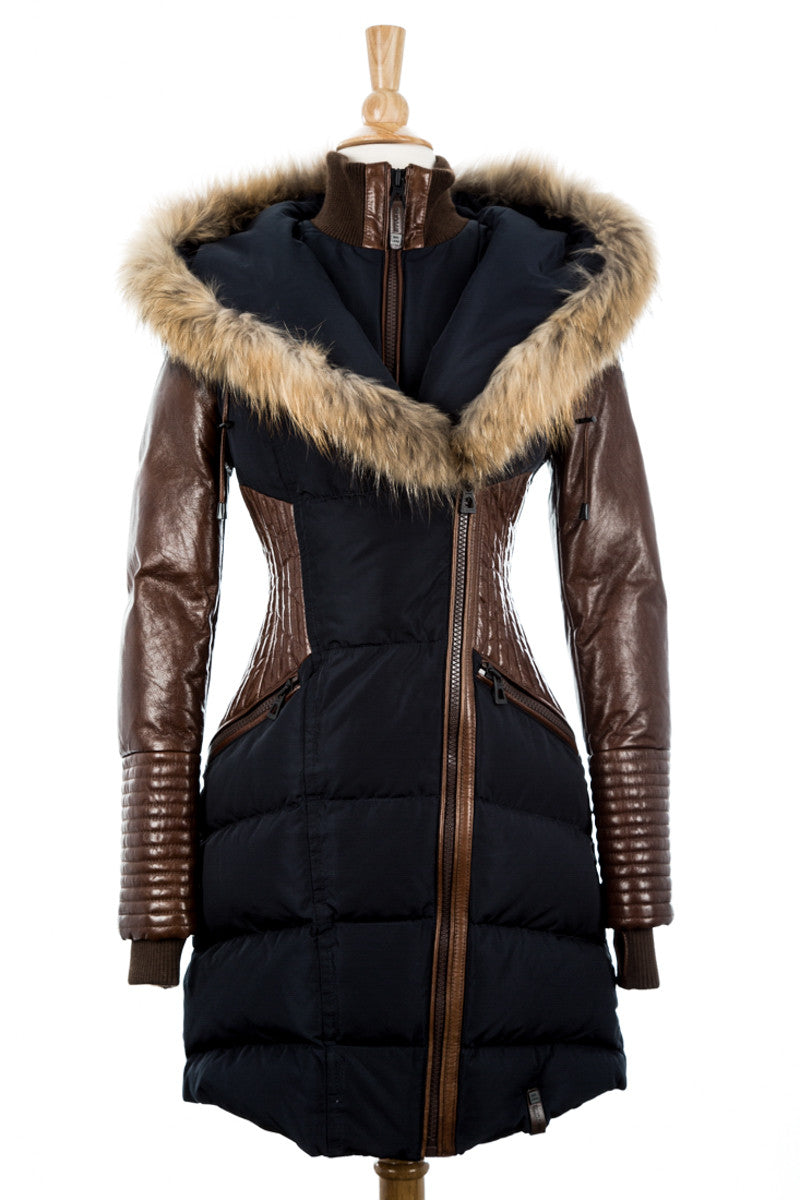 Shauna Leather Down Coat With Fur Trim - Dejavu NYC