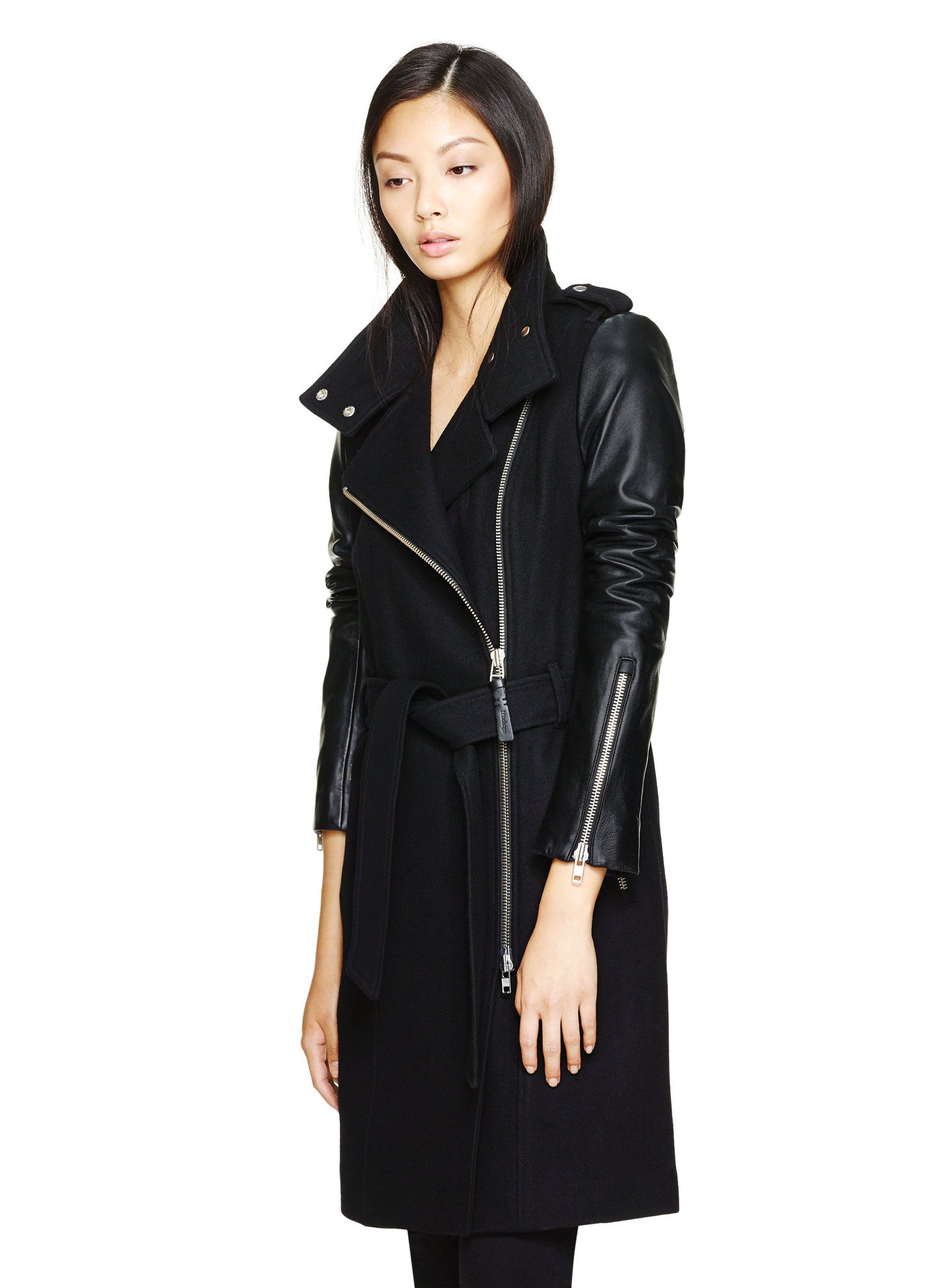 Dale Asymmetrical Wool Trench Coat With Leather Sleeves - Dejavu NYC
